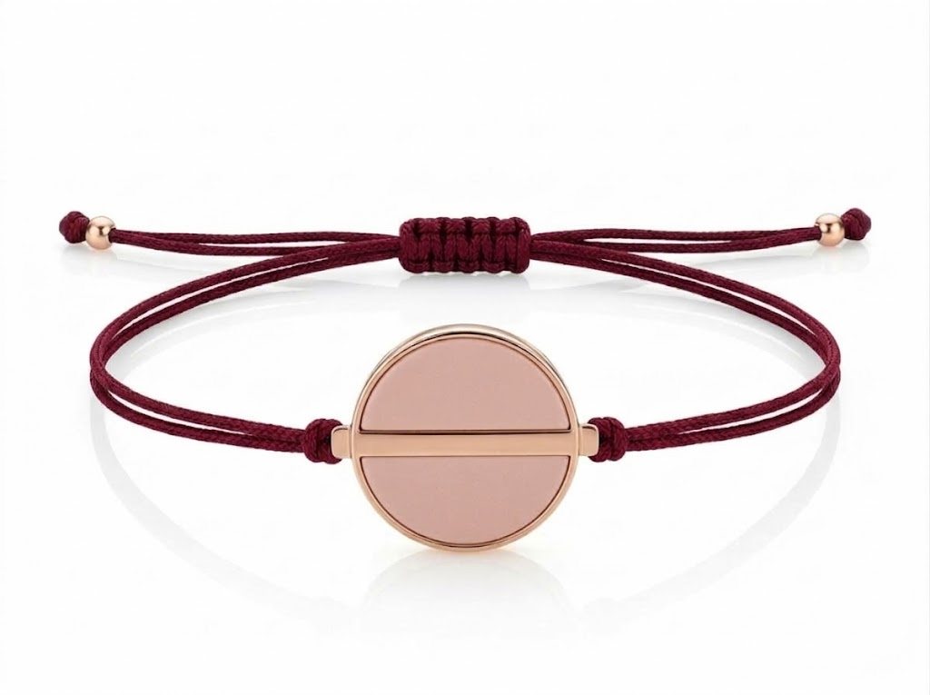 Juni Charm with Bare face in rose gold on the Ruby Throat silk cord