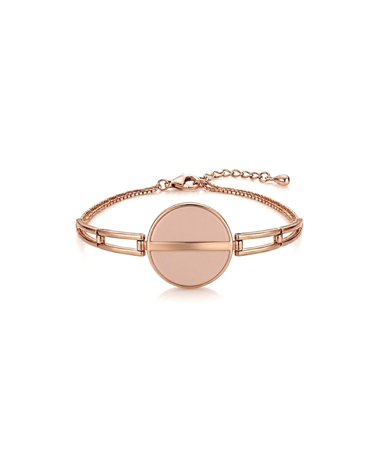 The Flex: a rose gold bracelet with the Charm framed in metal